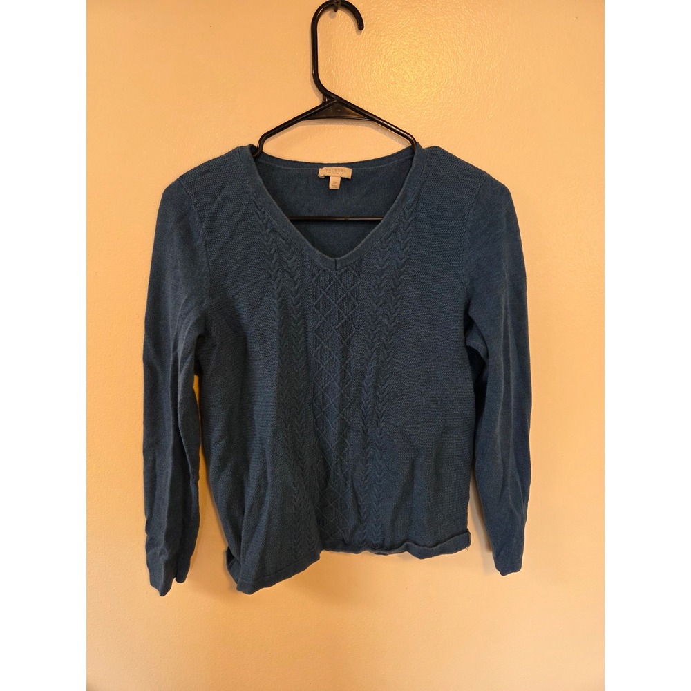 Talbots Petites Teal Blue V-Neck Cable Knit Textured Sweater SP